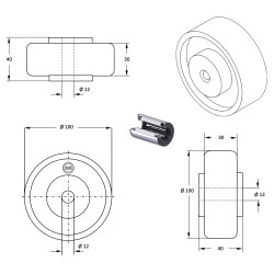 Roue caoutchouc noir diamètre 100 x 30 alésage 12 longueur de moyeu 40 mm roulement à rouleaux