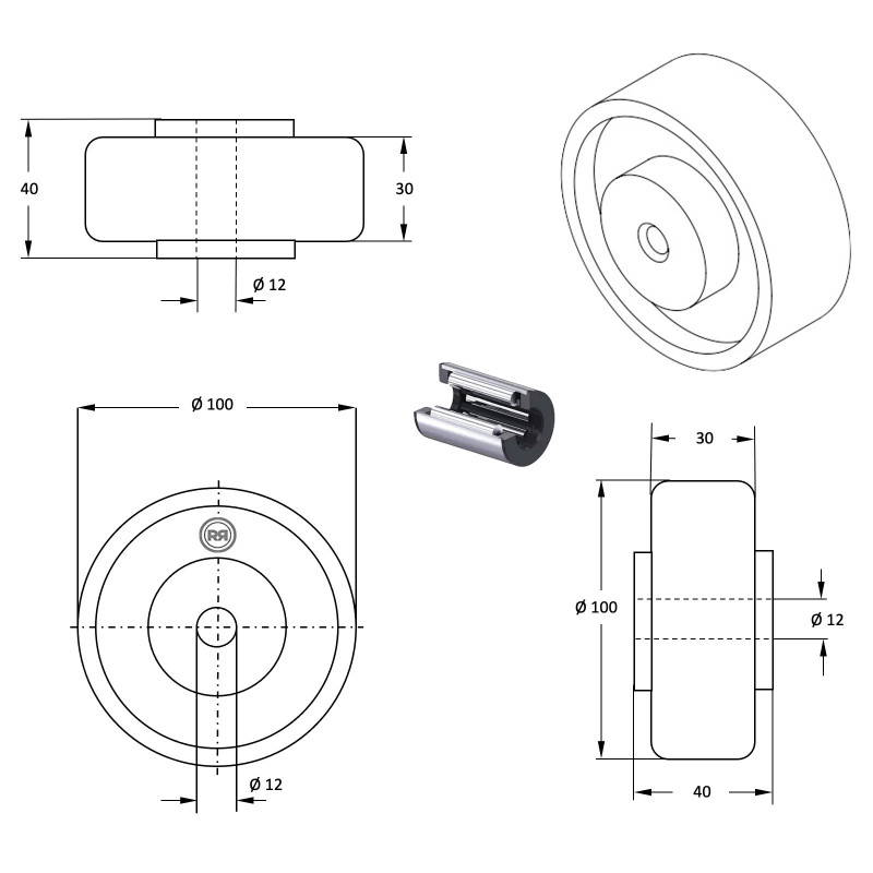 Roue Polyamide Blanc Diamètre 65mm, Largeur 30mm, Alésage 12mm, Longueur Moyeu 40mm - Charge 125kg - Pour Chariots, échafaudages Mobiles