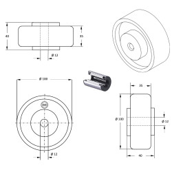 Roue caoutchouc EASYROLL® BLEU 100 x 35 alésage 12 longueur de moyeu 40 mm
