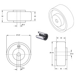 Roue caoutchouc EASYROLL® BLEU 125 x 40 alésage 15 longueur de moyeu 50 mm