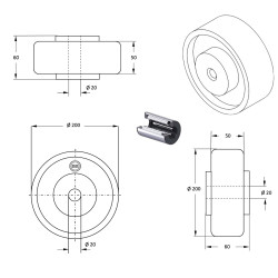 Roue caoutchouc EASYROLL® BLEU 200 x 50 alésage 20 longueur de moyeu 60 mm