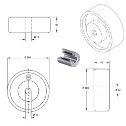 Roue caoutchouc EASYROLL® NOIR, 100 x 40 alésage 12 longueur de moyeu 40 mm  roulement à billes