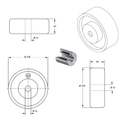 Roue caoutchouc EASYROLL® NOIR, 100 x 40 alésage 15 longueur de moyeu 40 mm  roulement à billes