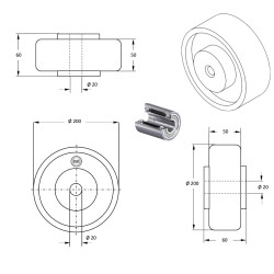 Roue caoutchouc EASYROLL® NOIR,  200 x 50 alésage 20 longueur de moyeu 60 mm  roulement à billes