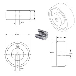 Roue caoutchouc EASYROLL® NOIR,  300 x 60 alésage 30 longueur de moyeu 60 mm  roulement à billes