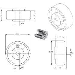 Roue caoutchouc EASYROLL® NOIR MAX, 250 x 75 alésage 25 longueur de moyeu 85 mm roulement à billes