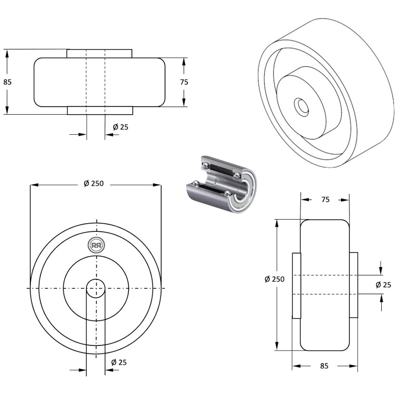 Roue Caoutchouc Massif 250mm (10") Parnells - Charge 275kg, Pour Laveuse, Chariot, Neuf