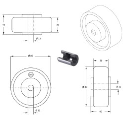 Roue polyamide blanc diamètre 80 x 30 alésage 12 longueur de moyeu 40 mm