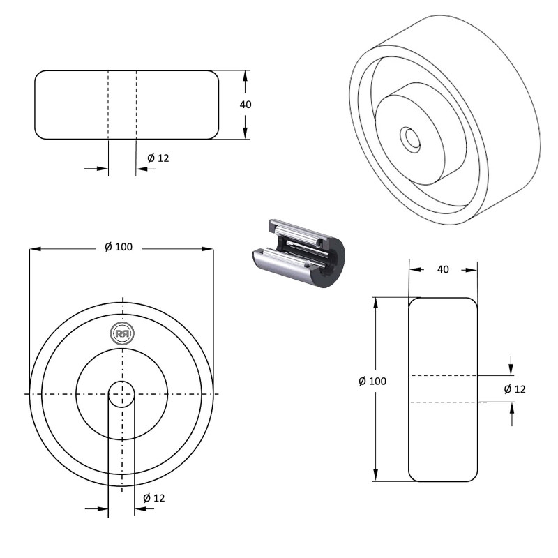 Roue polyamide blanc diamètre 150 x 40 alésage 20 longueur de moyeu 60 mm