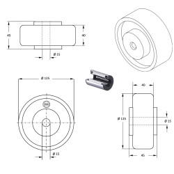 Roue polyamide blanc diamètre 125 x 40 alésage 15 longueur de moyeu 45 mm roulement à rouleaux