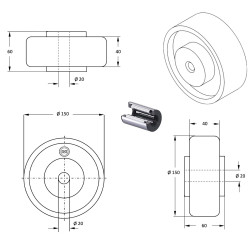 Roue polyamide blanc diamètre 150 x 40 alésage 20 longueur de moyeu 60 mm roulement à rouleaux