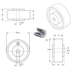 Roue polyamide blanc diamètre 100 x 35 alésage 12 longueur de moyeu 40 mm roulement à billes