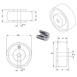 Roue polyuréthane jante aluminium 82 x 30 alésage 12 longueur de moyeu 40 mm  roulement à billes