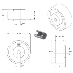 Roue fonte diamètre 150 largeur 40  longueur de moyeu 59 mm alésage 20 moyeu lisse