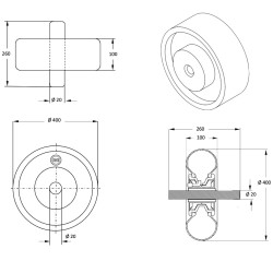 Roue brouette à pneu diamètre 400 x 100 avec axe acier 20 x 260 mm