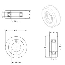 Galet de guidage 40 x 20 alésage 10 longueur de moyeu 9 mm