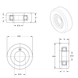 Galet de guidage 50 x 15 alésage 10 longueur de moyeu 9 mm