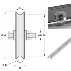 Roue à gorge ronde diamètre 100 x 25  pour rail rond de Ø20 - 400 Kg