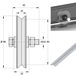Roue à gorge en V diamètre 100 x 25  pour rail en V  - 400 Kg