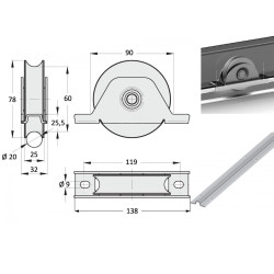 Plan Monture à encastrer, roue à gorge rond Ø 80 x 25 pour rail Ø 20 mm - 200 Kg