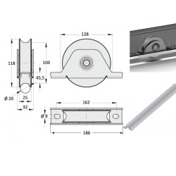 Plan Monture à encastrer, roue à gorge rond Ø 120 x 25 pour rail Ø 20 mm - 500 Kg