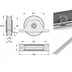 Monture à encastrer, roue à gorge en V Ø 80 x 25 pour rail en V - 200 Kg
