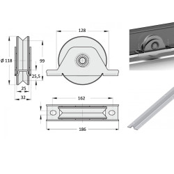 Monture à encastrer, roue à gorge en V Ø 120 x 25 pour rail en V - 500 Kg