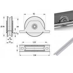 Monture à encastrer, roue à gorge en V Ø 100 x 25 pour rail en V - 400 Kg