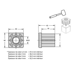 Plan Embout à insert taraudé pour tube carré 40x40 - M10