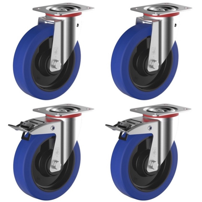 Lot de 4 roulettes pivotantes et freins caoutchouc EASYROLL® BLEU 80 mm charge - 450 Kg Lot de 4 roulettes pivotantes et freins caoutchouc EASYROLL® BLEU 80 mm charge - 450 Kg