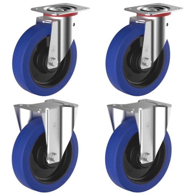 Lot de 4 roulettes pivotantes et fixes caoutchouc EASYROLL® BLEU 80 mm charge - 450 Kg Lot de 4 roulettes pivotantes et fixes caoutchouc EASYROLL® BLEU 80 mm charge - 450 Kg