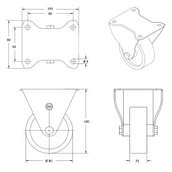 Roulette fixe diamètre 80 mm roue polyamide blanc - 150 Kg