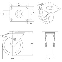 Roulette pivotante à frein diamètre 100 mm roue polyamide 6 blanc renforcée - 350 Kg
