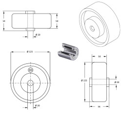 Roue polyuréthane jante fonte 125 x 50 alésage 20 longueur de moyeu 54 mm roulement à billes adaptable Toyota