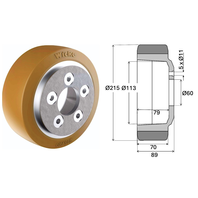 Roue motrice 215 x 70 - 5 trous Polyuréthane ( Toyota-BT 129920 )