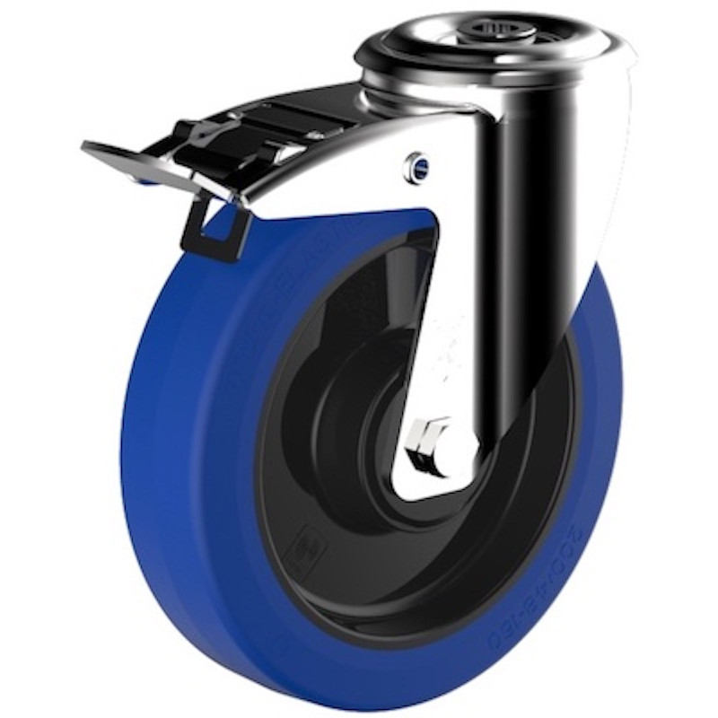 Roulette à oeil pivotante à frein diamètre 80 mm roue caoutchouc élastique EASYROLL® BLEU - 100 Kg