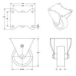Roulette fixe, roue diamètre 200 fixation à platine ,polyuréthane , charge 700 Kg