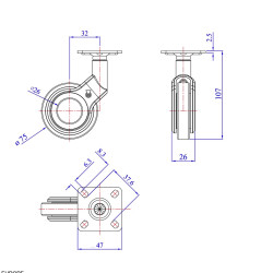 Roulette DESIGN pivotante Ø 75 mm ZAMAK CHROMÉ - NON MANQUANT à platine