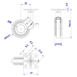 Roulette DESIGN pivotante à frein Ø 60 mm ZAMAK CHROMÉ - NON MANQUANT à platine