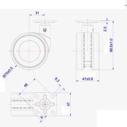 Roulette DESIGN "K" pivotante Ø 75 mm ZAMAK CHROMÉ - NON MANQUANT à platine