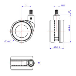 Roulette DESIGN "K" pivotante Ø 75 mm ZAMAK CHROMÉ - NON MANQUANT à tige filetée M10x15