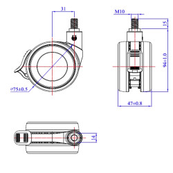 Roulette DESIGN "K" pivotante à frein Ø 75 mm ZAMAK CHROMÉ - NON MANQUANT à tige filetée M10x15