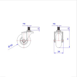 Roulette DESIGN "E" pivotante Ø 50 mm translucide bombé à tige filetée M8x15 mm