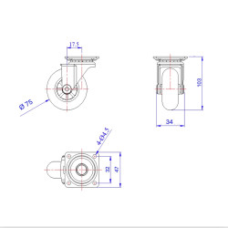 Roulette DESIGN "E" pivotante Ø 75 mm translucide bombé à platine 60x60 mm