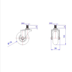 Roulette DESIGN "E" pivotante Ø 75 mm translucide bombé à tige filetée M10x25 mm