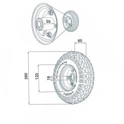 Roue gonflable diable 260 x 85 (4:10/3.50-4) alésage 16 mm Axe déporté