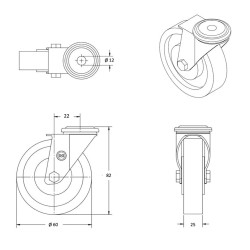 Roulette à oeil pivotante diamètre 60 mm roue polyuréthane rouge  - 70 Kg