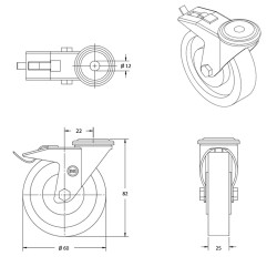 Roulette à oeil pivotante à frein diamètre 60 mm roue polyuréthane rouge  - 70 Kg