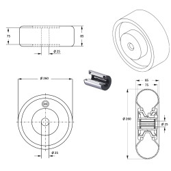 Plan  roue increvable diable 260 x 85  (3.00-4) alésage 25 mm roulement à rouleaux
