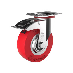 Roulette pivotante à frein, diamètre 125 fixation à platine ,polyuréthane ROUGE, charge 200 Kg